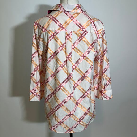 Chico's Pink Orange Diamond Plaid Button Up Blouse Womens Size 1 US 8/10 No Iron - Picture 6 of 10